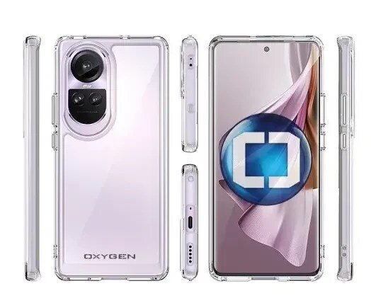 Obraz przedstawia przezroczyste etui na telefon z widocznym napisem \'OXYGEN\'. Telefon w etui ma duży ekran i podwójny aparat z tyłu.