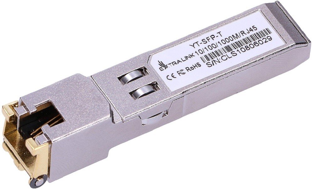 Wkładka SFP EXTRALINK EX.2251 Srebrna metalowa wkładka z gniazdem sieciowym RJ45 oraz białą etykietą z czarnym nadrukiem 'YT-SFP-T' i logo producenta