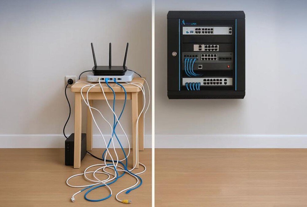 Szafa RACK EXTRALINK 19 9U EX.7249 600 x 450 mm Porównanie 'przed' i 'po' instalacji szafy serwerowej: po lewej stronie bałagan z kablami i routerem, po prawej uporządkowany sprzęt w szafie na ścianie, opis