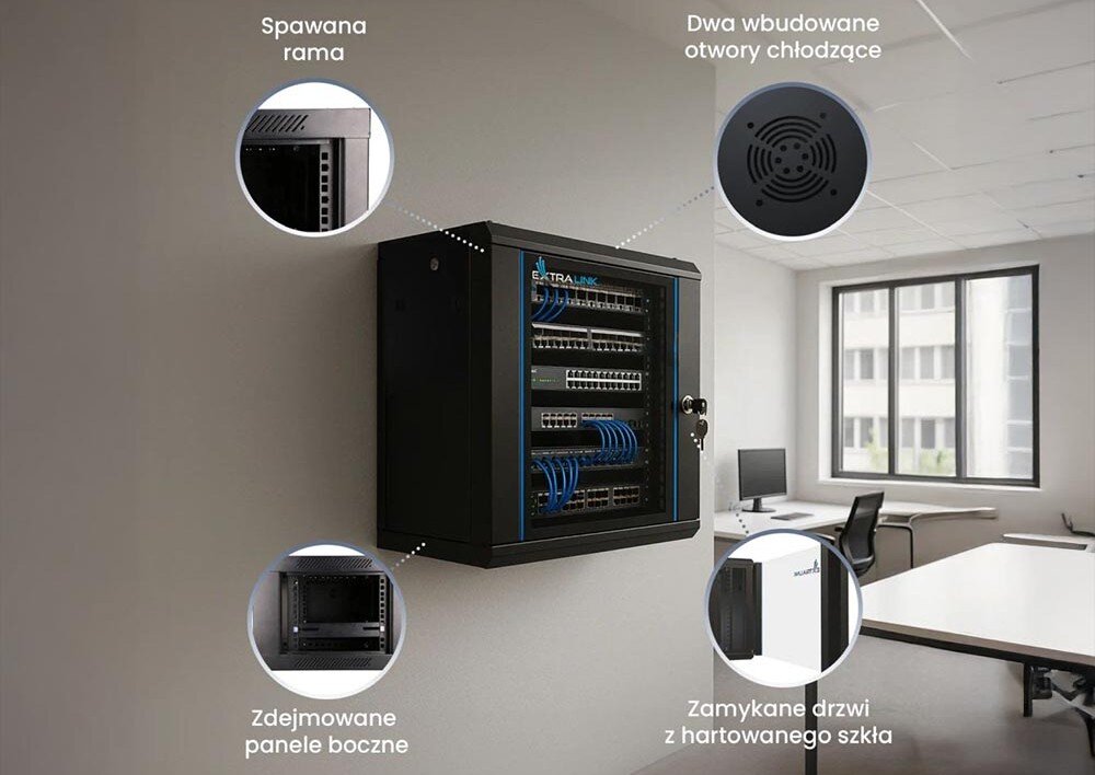 Szafa RACK EXTRALINK 19 9U EX.7249 600 x 450 mm Szafa serwerowa wisząca na ścianie w biurze z czterema dymkami wskazującymi na jej cechy: 'Spawana rama', 'Dwa wbudowane otwory chłodzące', 'Zdejmowane panele boczne', 'Zamykane drzwi z hartowanego szkła', drzwi, okno, zamek