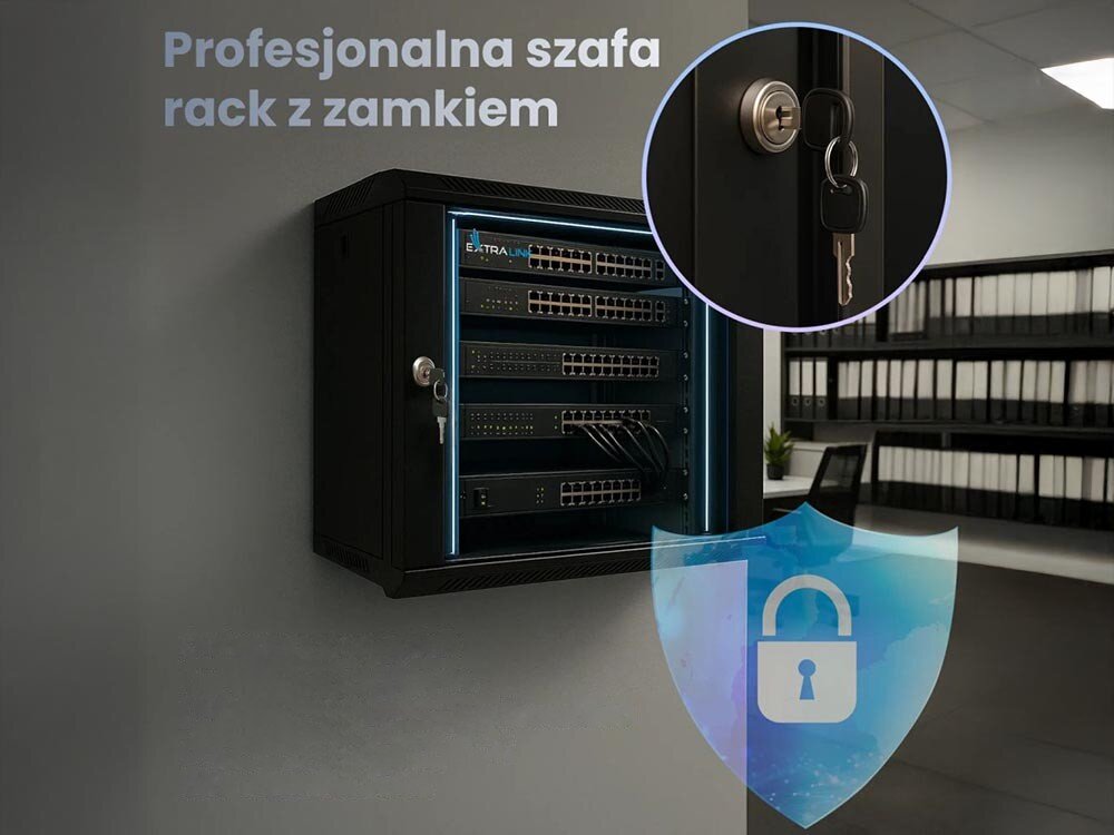 Szafa RACK EXTRALINK 19 9U EX.7249 600 x 450 mm Szafa serwerowa na ścianie z powiększeniem na zamek z kluczami i napisem 'Profesjonalna szafa rack z zamkiem' oraz ikoną tarczy z kłódką, miejsca na wentylatory, otwory kablowe