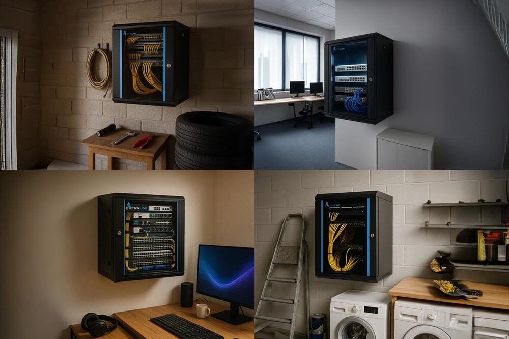 Szafa RACK EXTRALINK 19 9U EX.3968 600 x 600 mm Kolaż czterech zdjęć przedstawiających szafę serwerową w różnych lokalizacjach: garażu, biurze, domowym biurze i pralni, przeznaczenie, wielkość, przestrzeń, wymiary
