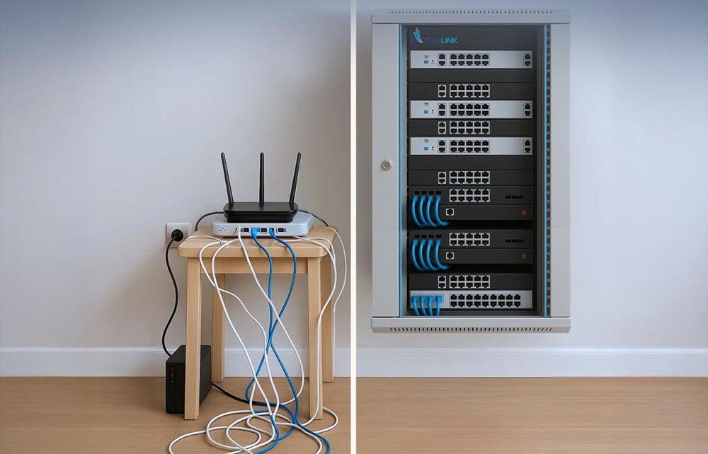 Szafa RACK EXTRALINK 19 12U EX.8604 600 x 600 mm Porównanie bałaganu z kablami i routerem na stołku z wiszącą szafą serwerową z uporządkowanymi urządzeniami sieciowymi, opis