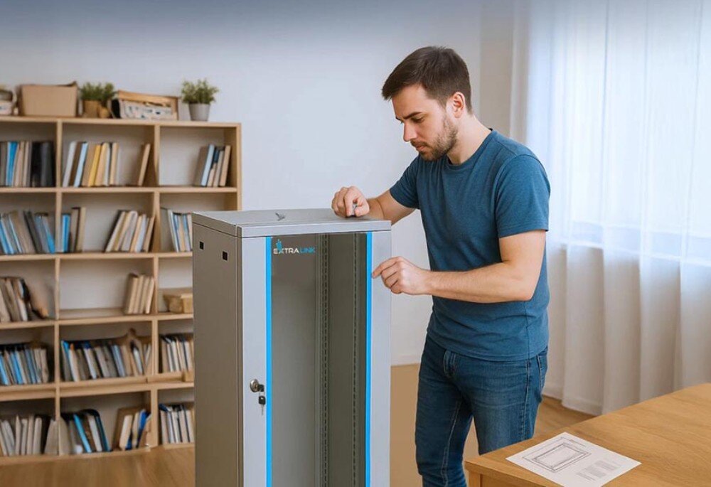 Szafa RACK EXTRALINK 19 12U EX.8604 600 x 600 mm Mężczyzna montujący szarą szafę serwerową w pokoju z biblioteczką, standard, pojemność, montaż