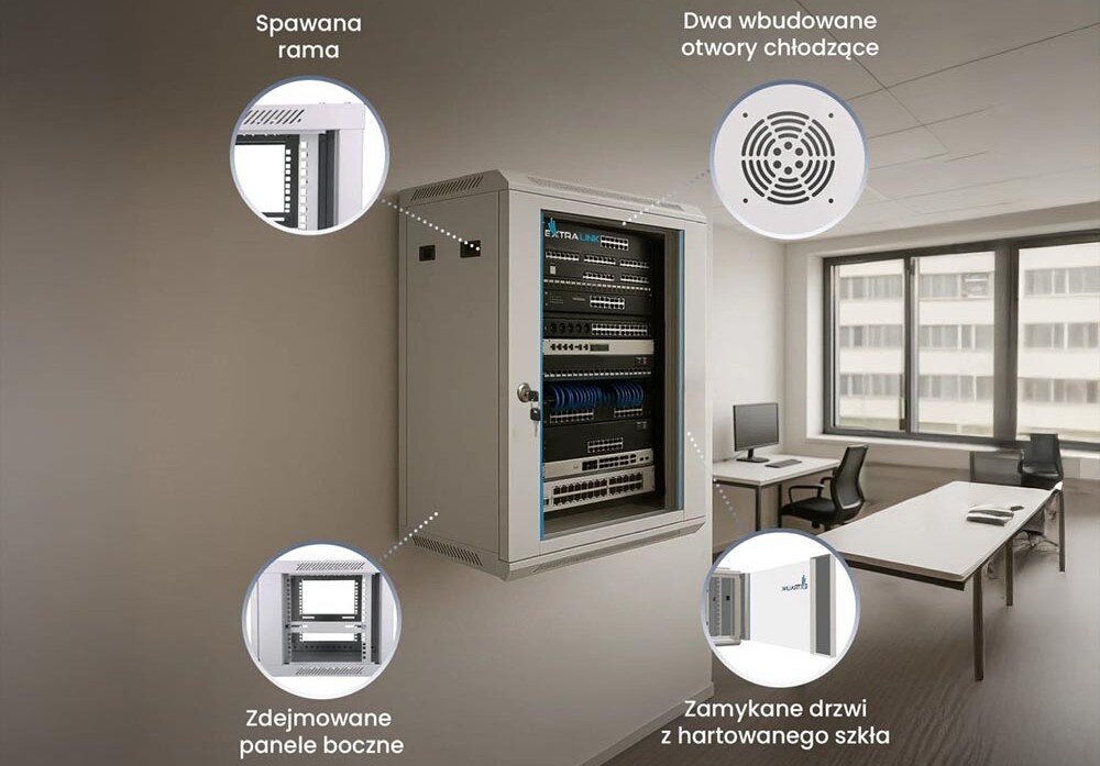 Szafa RACK EXTRALINK 19 12U EX.8604 600 x 600 mm Wisząca szafa serwerowa w biurze z czterema okrągłymi grafikami wskazującymi na jej cechy: 'spawaną ramę', 'otwory chłodzące', 'zdejmowane panele boczne' oraz 'zamykane drzwi', wymiary, konstrukcja, zamki