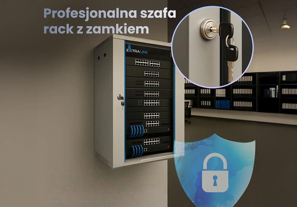 Szafa RACK EXTRALINK 19 12U EX.8604 600 x 600 mm Wisząca szafa serwerowa z napisem 'Profesjonalna szafa rack z zamkiem' i zbliżeniem na zamek z kluczem, boczne panele, dostęp