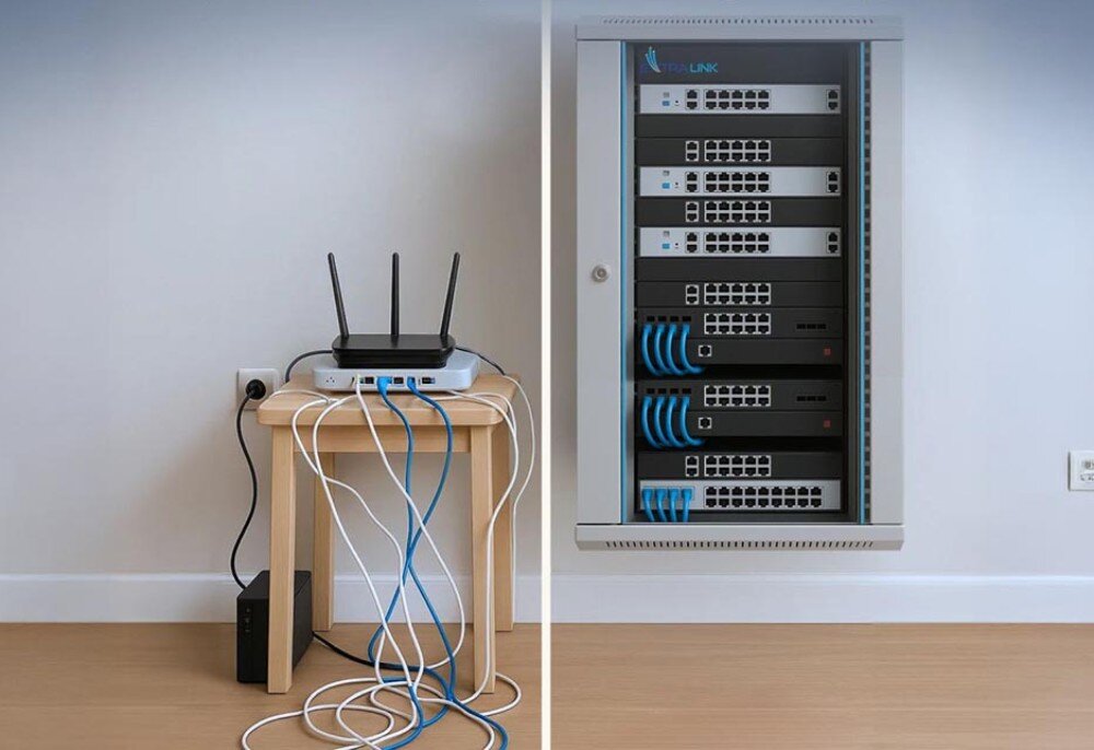 Szafa RACK EXTRALINK 19 12U EX.8598 600 x 450 mm Zdjęcie podzielone jest na dwie części: po lewej stronie znajduje się mały stolik z routerem i plątaniną kabli na podłodze, a po prawej stronie pokazana jest wisząca na ścianie szafa z uporządkowanym sprzętem sieciowym, opis