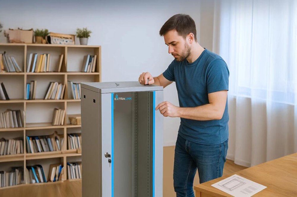 Szafa RACK EXTRALINK 19 12U EX.8598 600 x 450 mm Zdjęcie przedstawia mężczyznę w niebieskiej koszulce, który montuje szafę stojącą w jasnym pokoju z regałem na książki w tle i kartką z instrukcją leżącą na biurku obok, montaż, składanie, otwory na kable