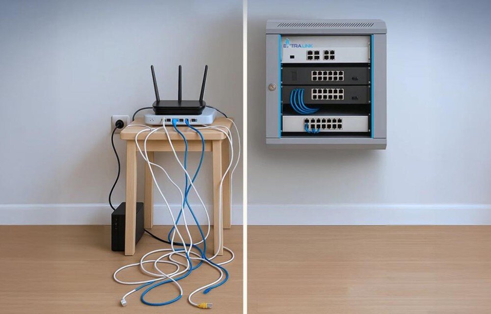 Szafa RACK EXTRALINK 19 4U EX.8543 600 x 600 mm Porównanie bałaganu z kablami i routerem na stołku z uporządkowanym sprzętem w wiszącej szafce RACK