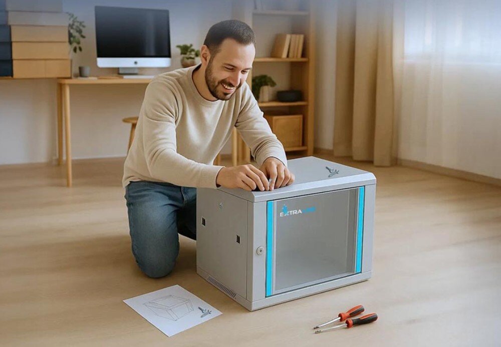 Szafa RACK EXTRALINK 19 4U EX.8543 600 x 600 mm Uśmiechnięty mężczyzna klęczący na podłodze podczas montażu czarnej szafki, obok leżą śrubokręty i instrukcja