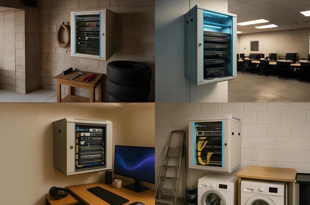 Szafa RACK EXTRALINK 19 6U EX.8567 600 x 600 mm Kolaż czterech zdjęć przedstawiających wiszącą szafkę w różnych pomieszczeniach: w garażu, w biurze, przy biurku z komputerem, oraz w pralni