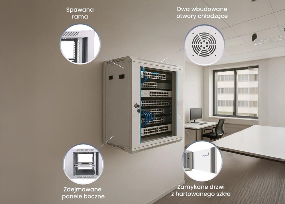 Szafa RACK EXTRALINK 19 6U EX.8567 600 x 600 mm Wisząca szafka z opisem jej czterech cech: 'spawanej ramy', 'zdejmowanych paneli bocznych', 'otworów chłodzących' i 'zamykanych drzwi ze szkła'