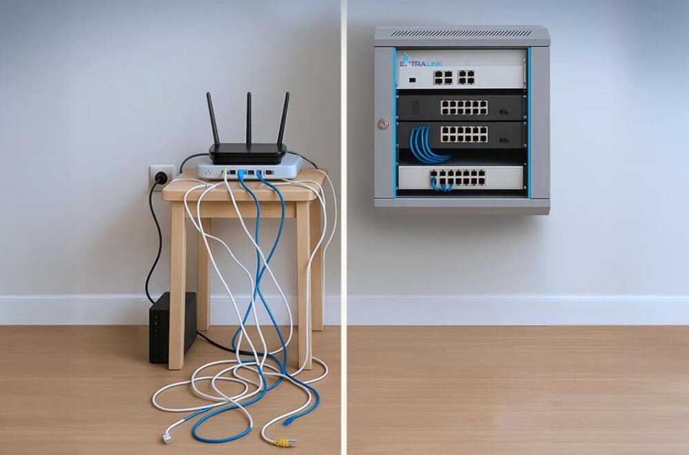 Szafa RACK EXTRALINK 19 9U EX.8574 600 x 450 mm Porównanie 'przed' i 'po' instalacji szafy serwerowej: po lewej stronie bałagan z kablami i routerem, po prawej uporządkowany sprzęt w szafie na ścianie, opis