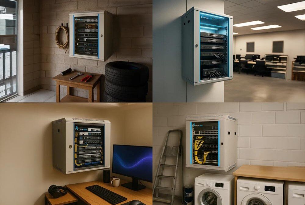Szafa RACK EXTRALINK 19 9U EX.8574 600 x 450 mm Kolaż czterech zdjęć przedstawiających szafę serwerową w różnych lokalizacjach: garażu, biurze, domowym biurze i pralni, przeznaczenie, wielkość, przestrzeń, wymiary
