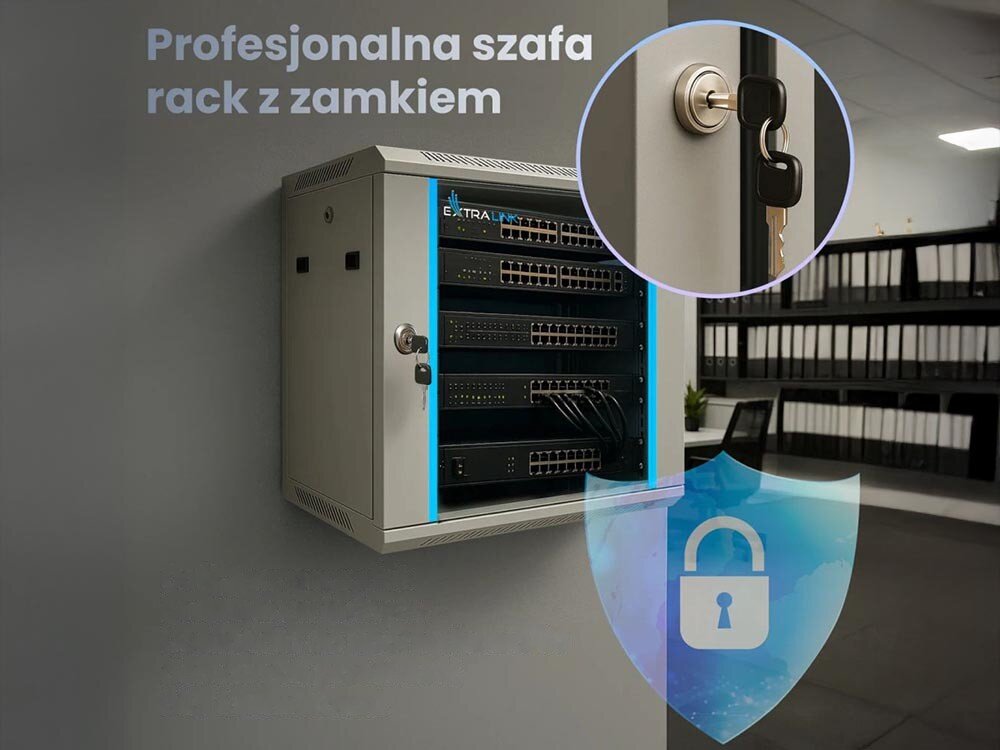 Szafa RACK EXTRALINK 19 9U EX.8574 600 x 450 mm Szafa serwerowa na ścianie z powiększeniem na zamek z kluczami i napisem 'Profesjonalna szafa rack z zamkiem' oraz ikoną tarczy z kłódką, miejsca na wentylatory, otwory kablowe