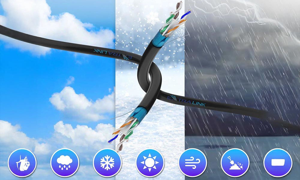 Kabel EXTRALINK na zewnątrz sprawdzi się w trudnych warunkach atmosferycznych Powłoka PE promieniowaniem UV, wahanami temperatur oraz uszkodzeniami mechanicznymi - ikonki warunków atmosferycznych i kabel na tle różnych warunków atmosferycznych