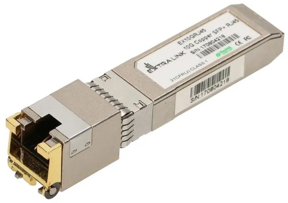 Wkładka SFP+ EXTRALINK EX.8444 Srebrny metalowy moduł wkładki SFP z portem RJ45 o złotym kolorze na przodzie i białą etykietą z kodami kreskowymi na górze obudowy