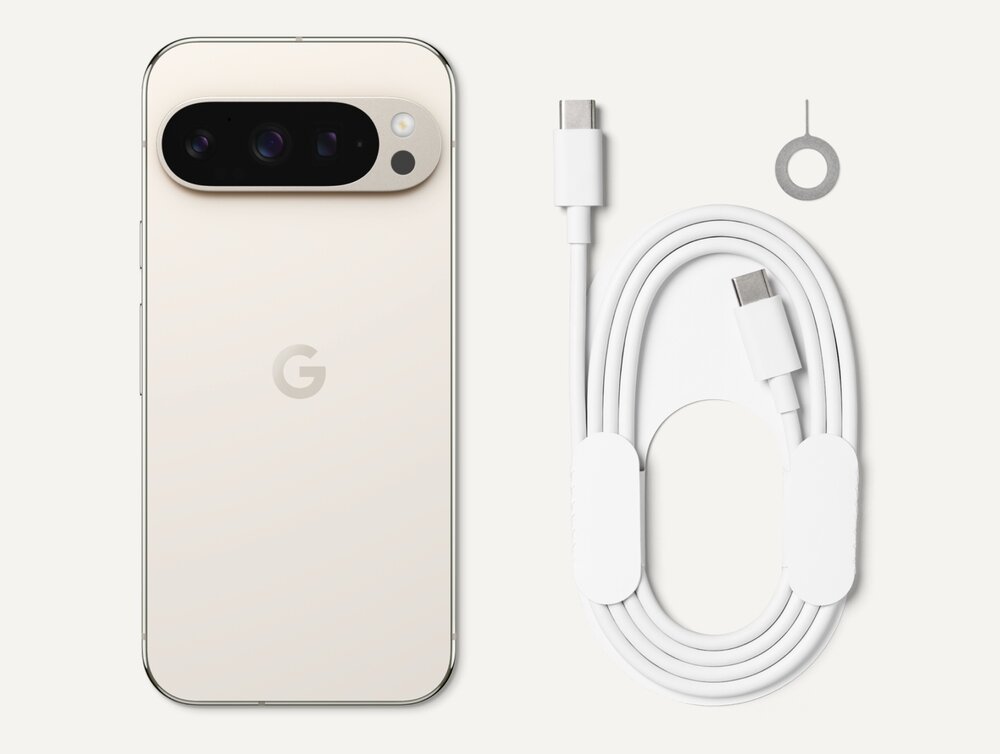 Na obrazie widać smartfon z logo \'G\' oraz biały kabel USB-C z pierścieniem do wyjmowania karty SIM. Smartfon ma trzy obiektywy aparatu umieszczone w poziomej ramce.