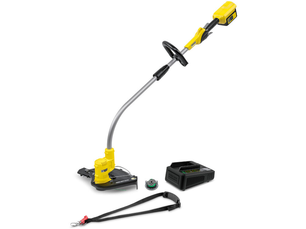 Na obrazie znajduje się żółta podkaszarka akumulatorowa z czarnymi elementami, ładowarka, dodatkowa szpula oraz pasek na ramię. Widoczne jest logo \'KARCHER\' na urządzeniu.