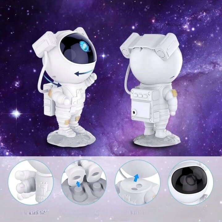Obraz przedstawia dwie figurki astronautów na tle kosmosu, z widocznymi szczegółami kombinezonów i hełmów. Na dole znajdują się cztery okrągłe miniatury pokazujące detale projektora gwiazd.