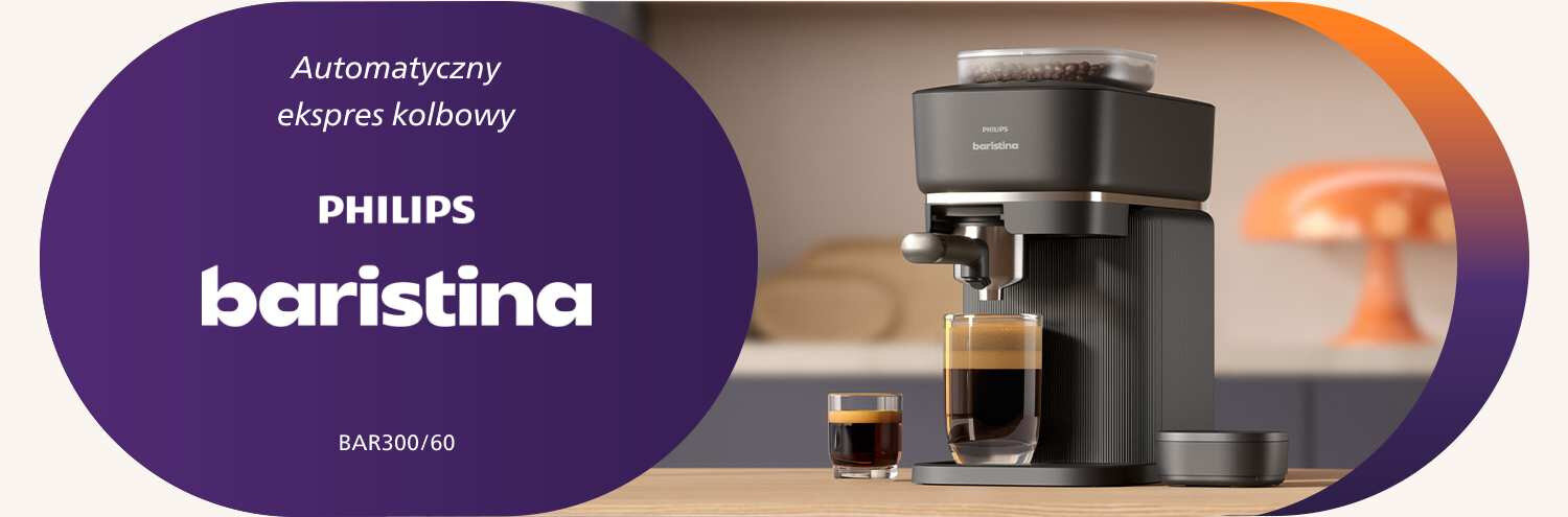 Na obrazie znajduje się automatyczny ekspres kolbowy PHILIPS baristina BAR300/60, obok którego stoją dwie filiżanki z kawą. Po lewej stronie widnieje napis: \'Automatyczny ekspres kolbowy PHILIPS baristina BAR300/60\'.