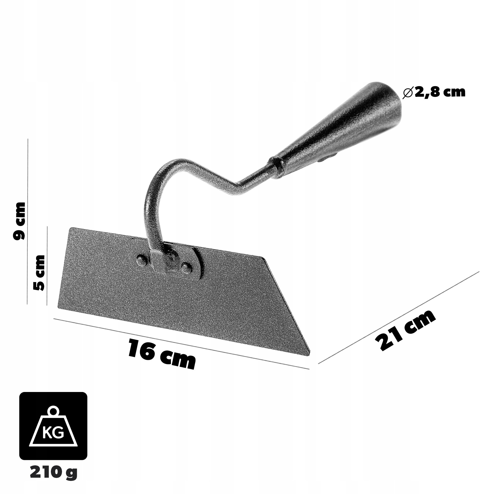 Obraz przedstawia stalową motykę ogrodową bez trzonka o wymiarach 16 cm długości, 21 cm całkowitej długości, 9 cm wysokości i 5 cm szerokości. Waga narzędzia wynosi 210 g, a średnica uchwytu to 2,8 cm.