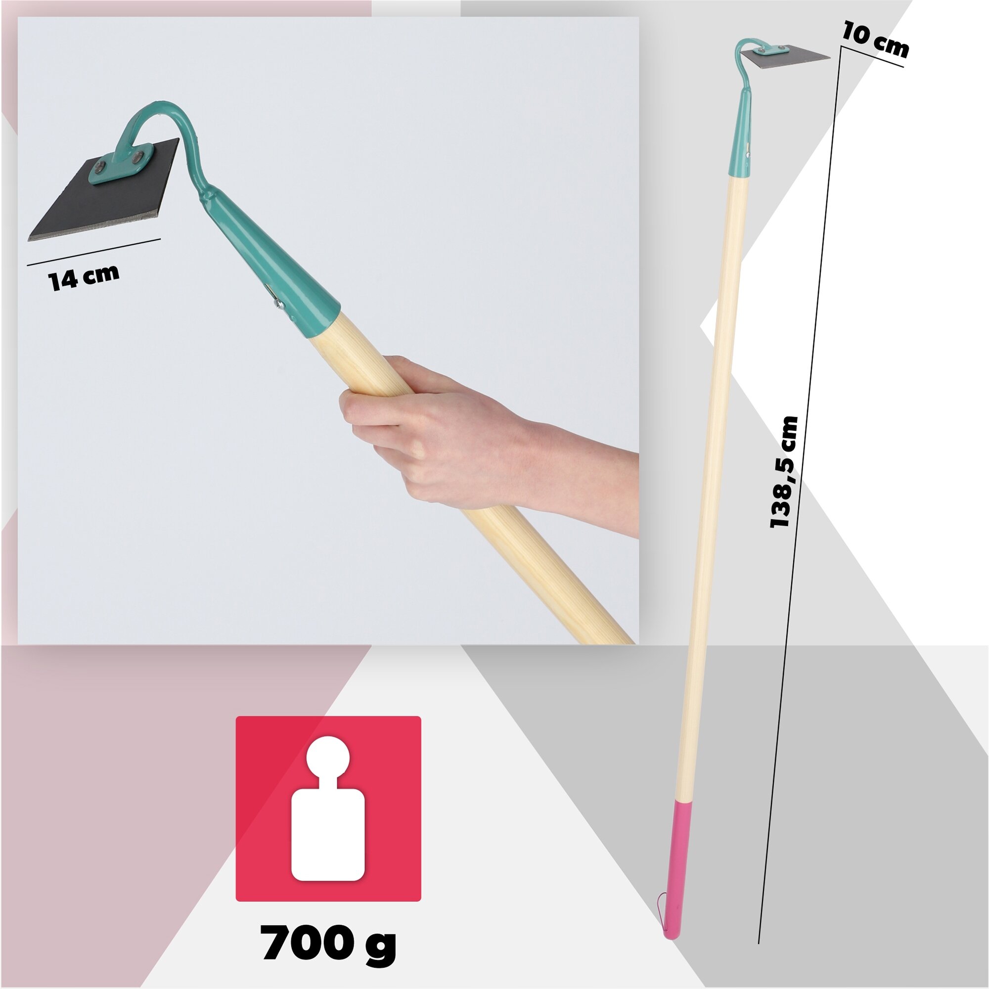 Obraz przedstawia motykę ogrodową z drewnianym trzonkiem i metalową głowicą. Wymiary to 14 cm szerokości głowicy, 138,5 cm długości całkowitej, a waga wynosi 700 g.
