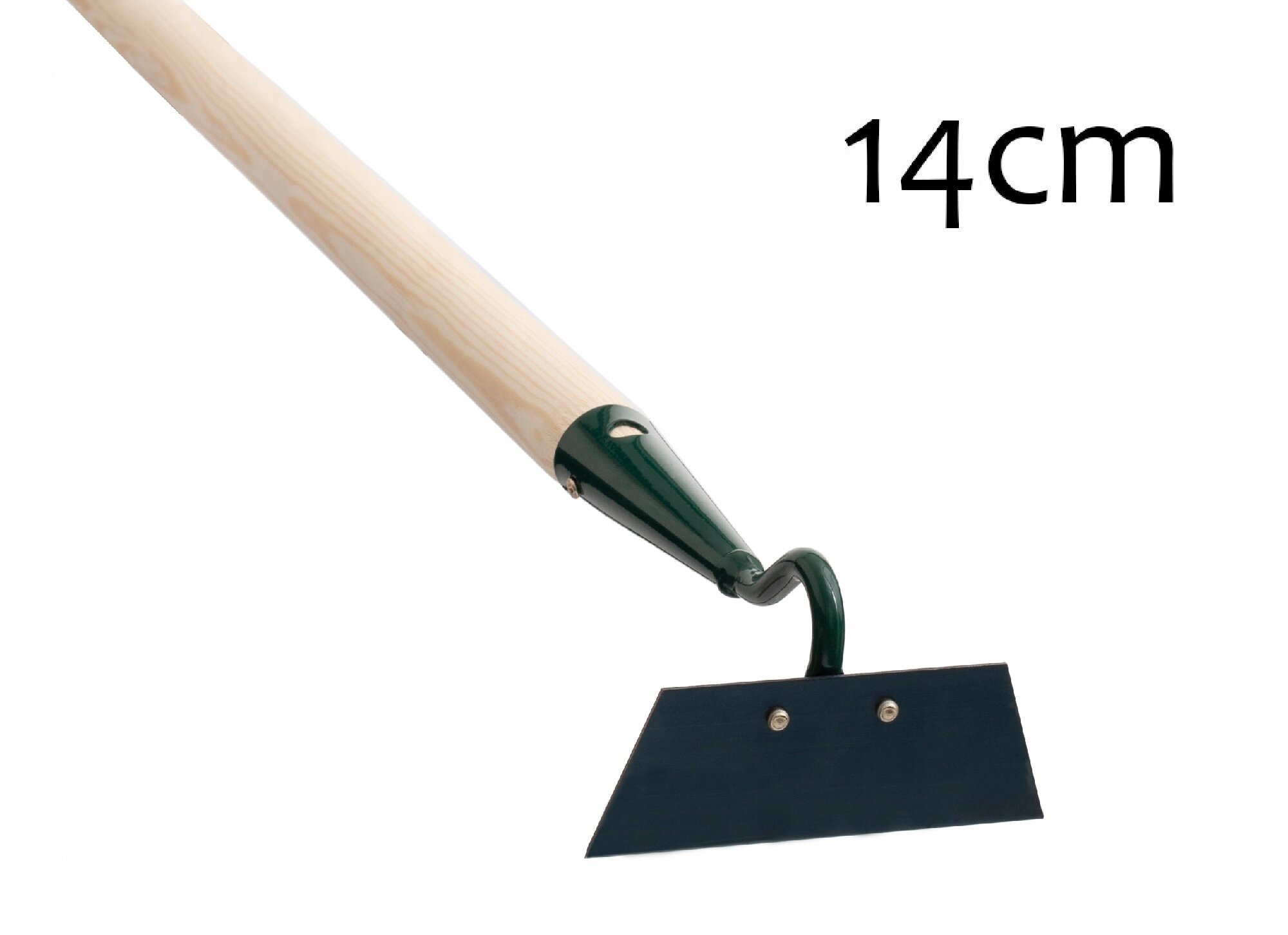 Obraz przedstawia ogrodową motykę z drewnianym trzonkiem i metalowym ostrzem. Obok narzędzia widoczny jest napis \'14cm\'.