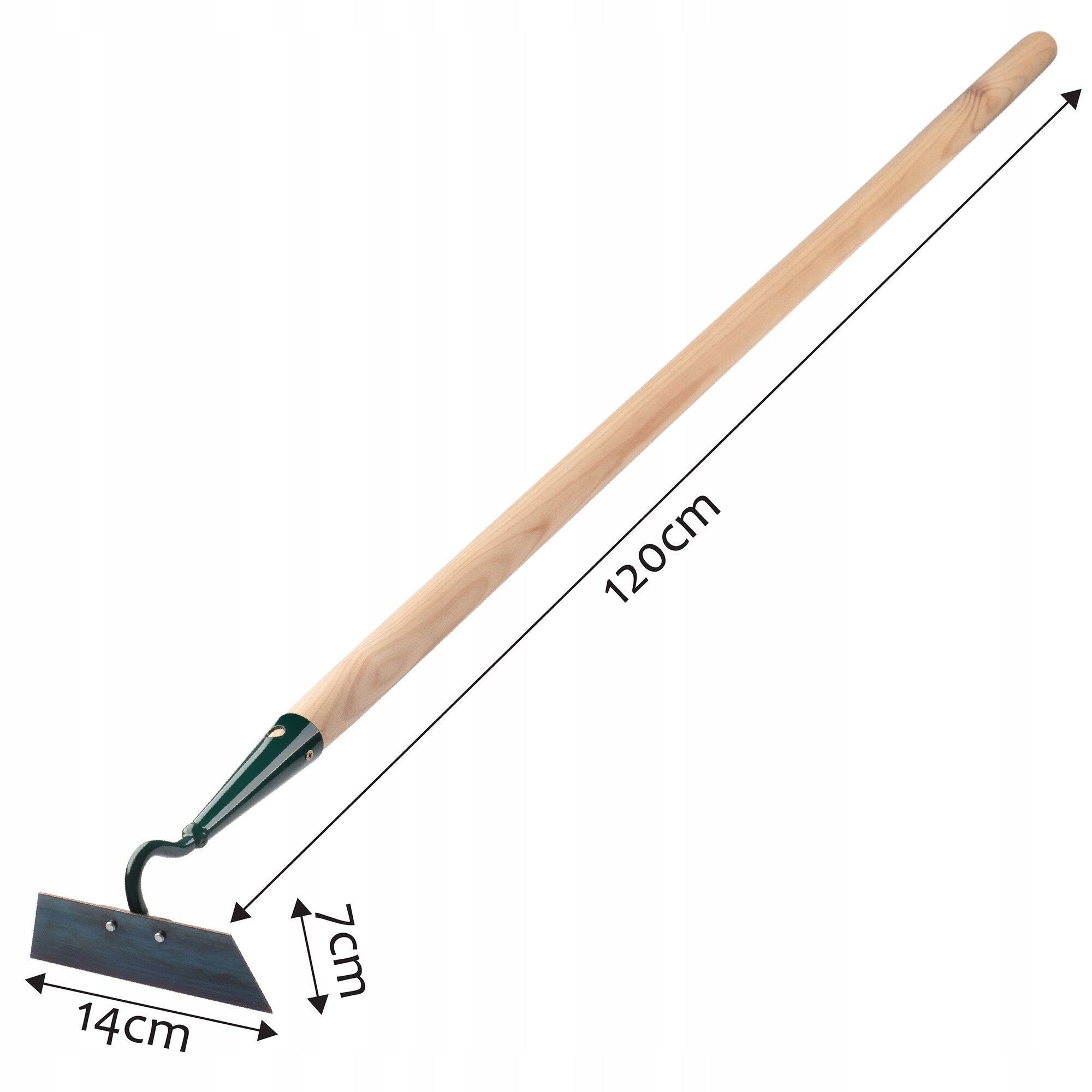 Obraz przedstawia motykę ogrodową z drewnianym trzonkiem o długości 120 cm i metalowym ostrzem o szerokości 14 cm. Na obrazie widoczne są wymiary: 120 cm, 14 cm i 7 cm.