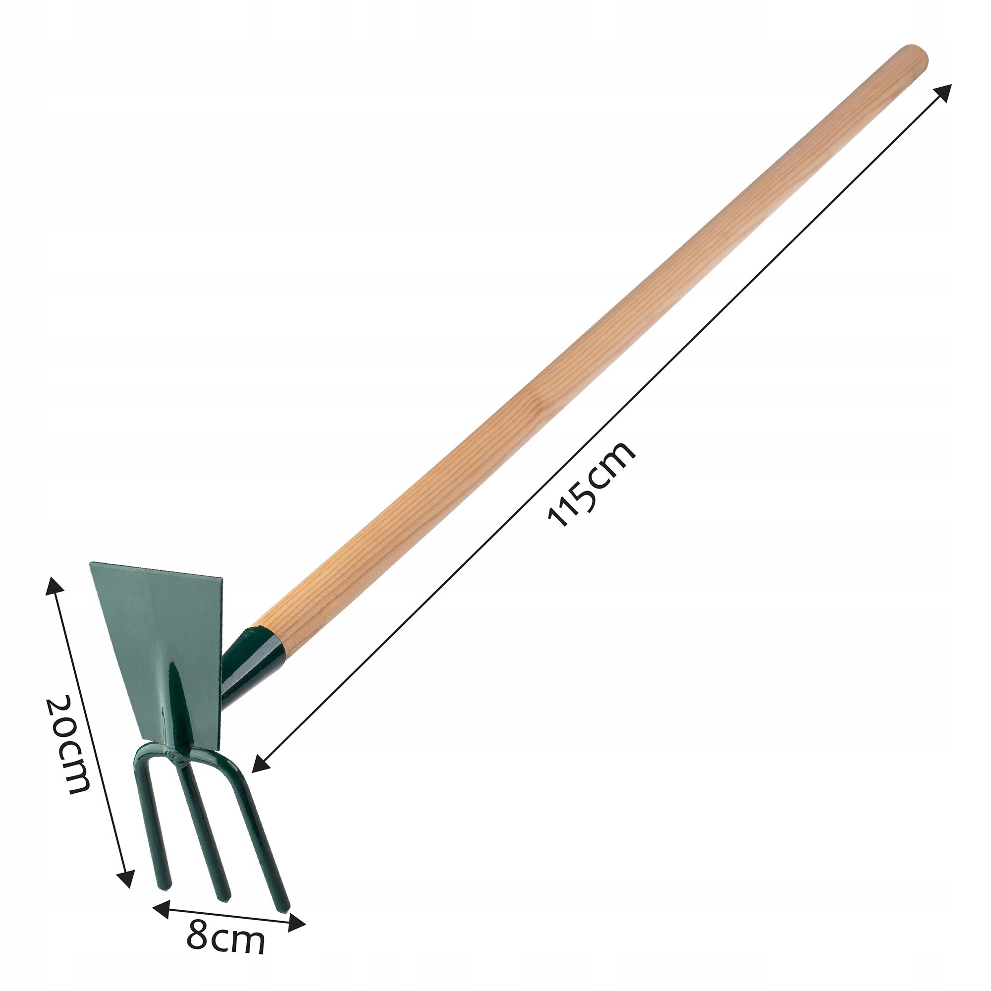 Na obrazie znajduje się motyka ogrodowa z drewnianym trzonkiem o długości 115 cm i metalową częścią roboczą z trzema zębami o szerokości 8 cm. Widoczne są wymiary: 20 cm wysokości metalowej części i 115 cm długości całkowitej.