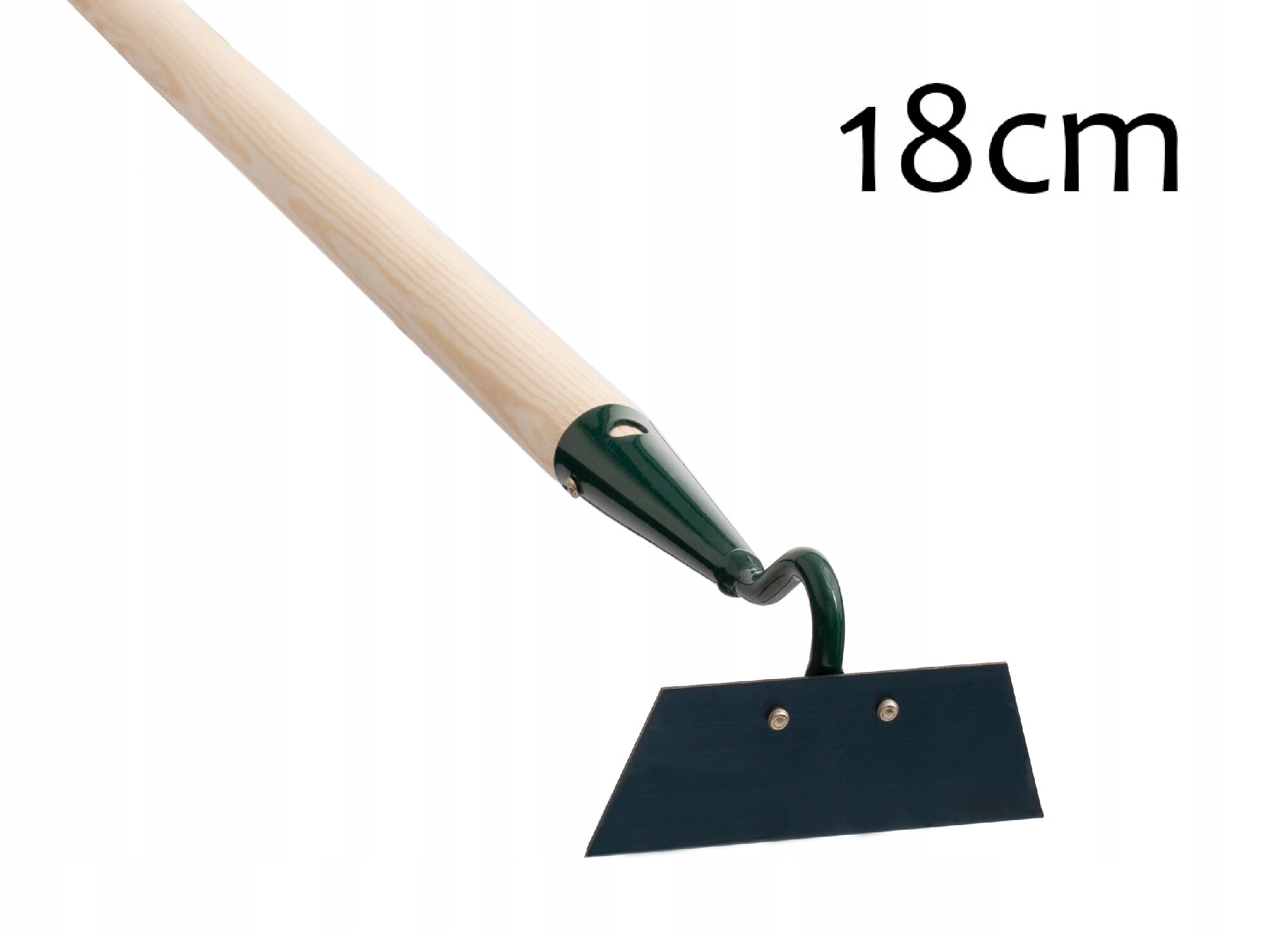 Obraz przedstawia motykę ogrodową z drewnianym trzonkiem i metalowym ostrzem. Obok narzędzia widoczny jest napis \'18cm\'.