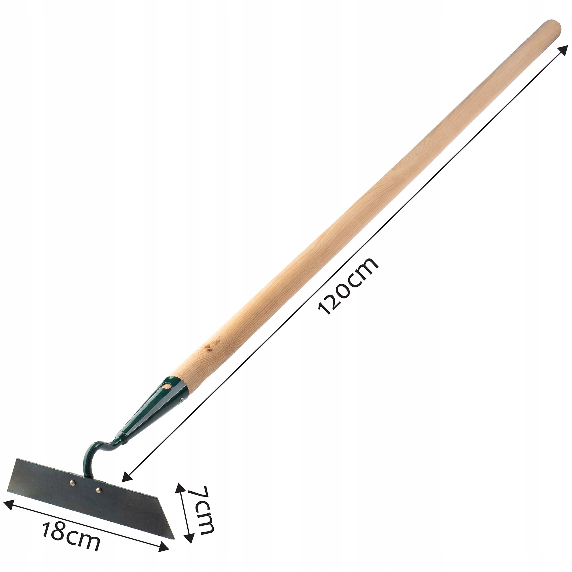 Na obrazie widoczna jest motyka ogrodowa z drewnianym trzonkiem o długości 120 cm i metalową głowicą o szerokości 18 cm. Obok narzędzia znajdują się oznaczenia wymiarów: 120 cm, 18 cm i 7 cm.