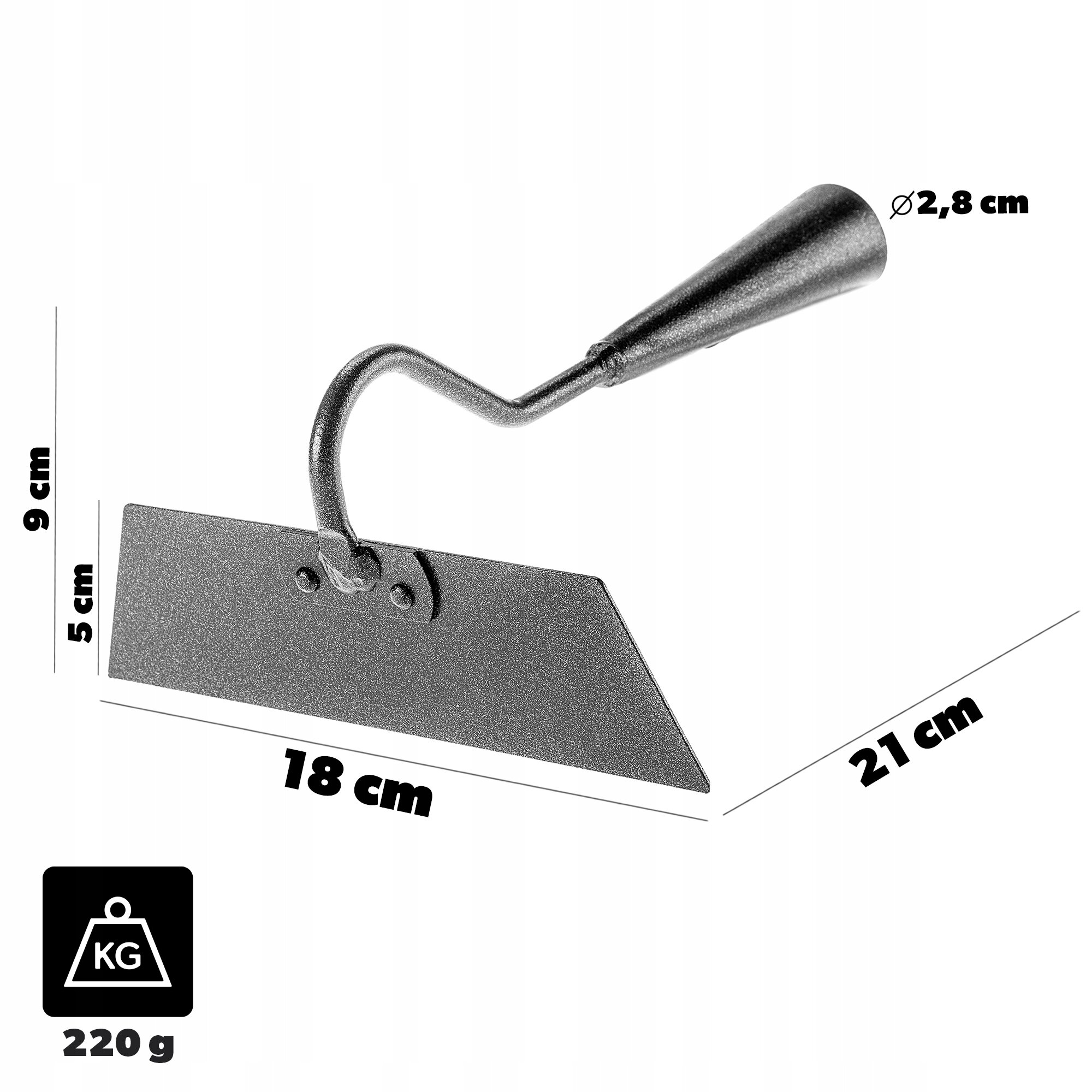 Obraz przedstawia stalową motykę ogrodową bez trzonka o wymiarach 18 cm na 21 cm. Widoczne są również oznaczenia: 9 cm, 5 cm, Ø 2,8 cm oraz waga 220 g z ikoną wagi.
