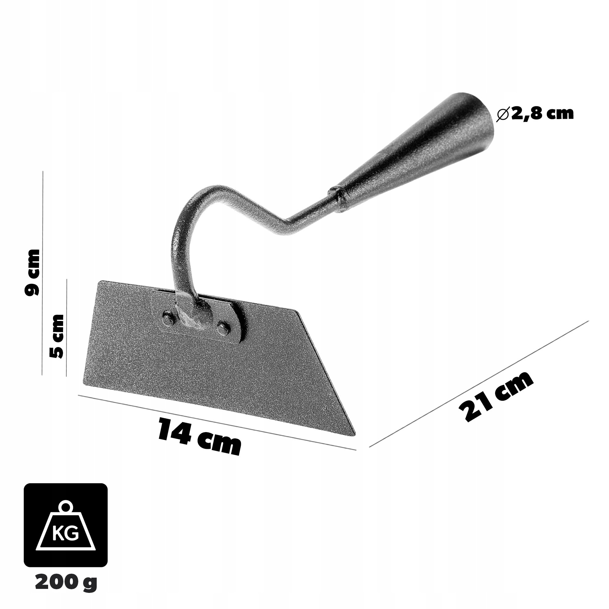 Obraz przedstawia stalową motykę ogrodową bez trzonka o wymiarach 14 cm długości ostrza, 21 cm całkowitej długości i 9 cm wysokości. Waga narzędzia wynosi 200 g, a średnica uchwytu to 2,8 cm.