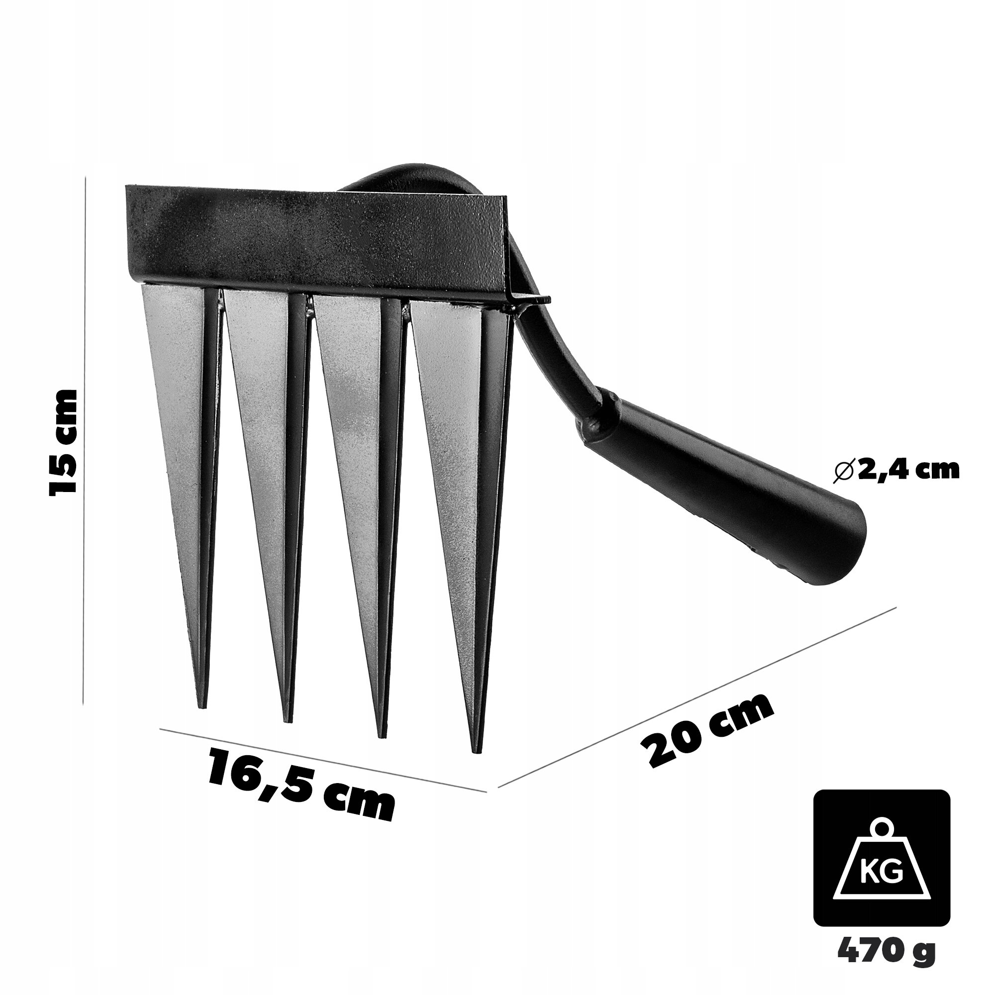 Na obrazie widoczna jest motyka ogrodowa z czterema metalowymi zębami i czarnym uchwytem. Obok narzędzia znajdują się wymiary: 15 cm, 16,5 cm, 20 cm, średnica 2,4 cm oraz waga 470 g.