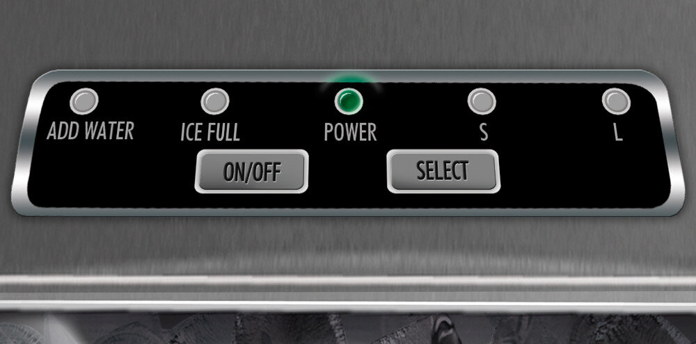 Panel sterowania z przyciskami i wskaźnikami: \'ADD WATER\', \'ICE FULL\', \'POWER\' z zielonym światłem, \'S\', \'L\', oraz przyciski \'ON/OFF\' i \'SELECT\'.