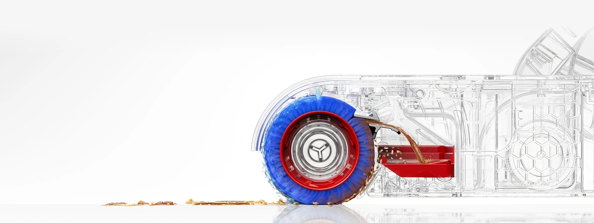 Obraz przedstawia przezroczysty mechanizm mopa elektrycznego z widocznym niebieskim i czerwonym elementem czyszczącym. Mop usuwa zabrudzenia z powierzchni podłogi.