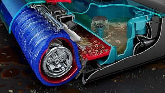 Przekrój urządzenia czyszczącego z widocznym niebieskim wałkiem szczotkowym i mechanizmem wewnętrznym. W środku znajduje się zbiornik z brudną wodą i zanieczyszczeniami.