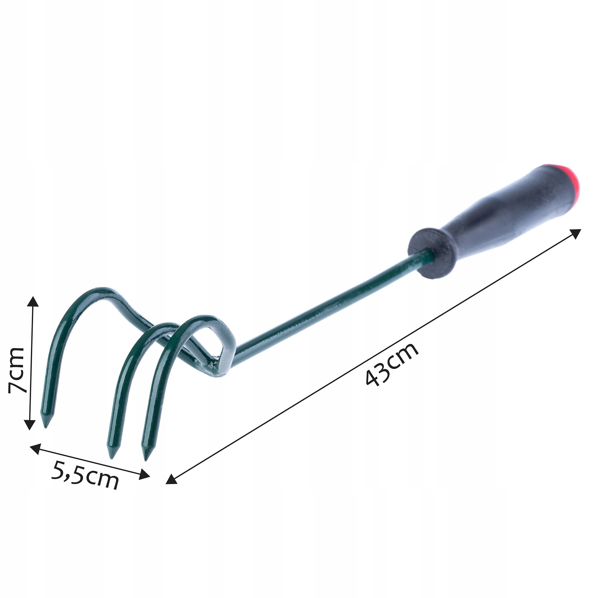 Na obrazie widoczny jest ręczny kultywator ogrodowy z trzema metalowymi zębami i ergonomiczną rączką. Wymiary narzędzia to 43 cm długości, 7 cm wysokości i 5,5 cm szerokości zębów.