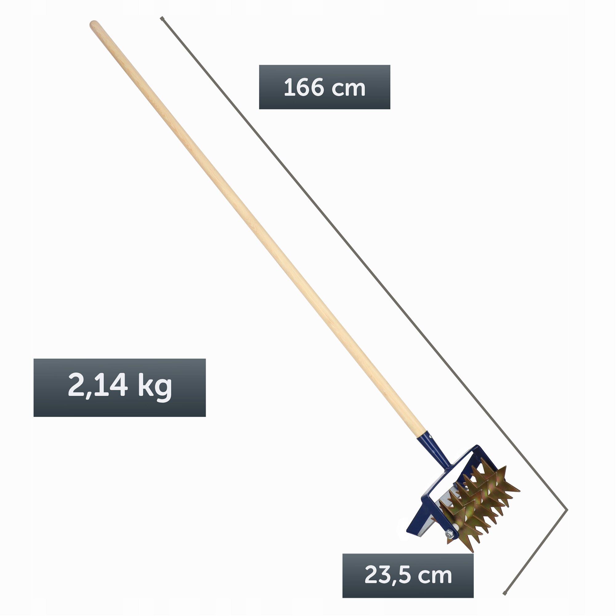 Obraz przedstawia ręczny kultywator z drewnianym trzonkiem i metalowym narzędziem na końcu. Widoczne są wymiary: 166 cm długości, 23,5 cm szerokości oraz waga 2,14 kg.
