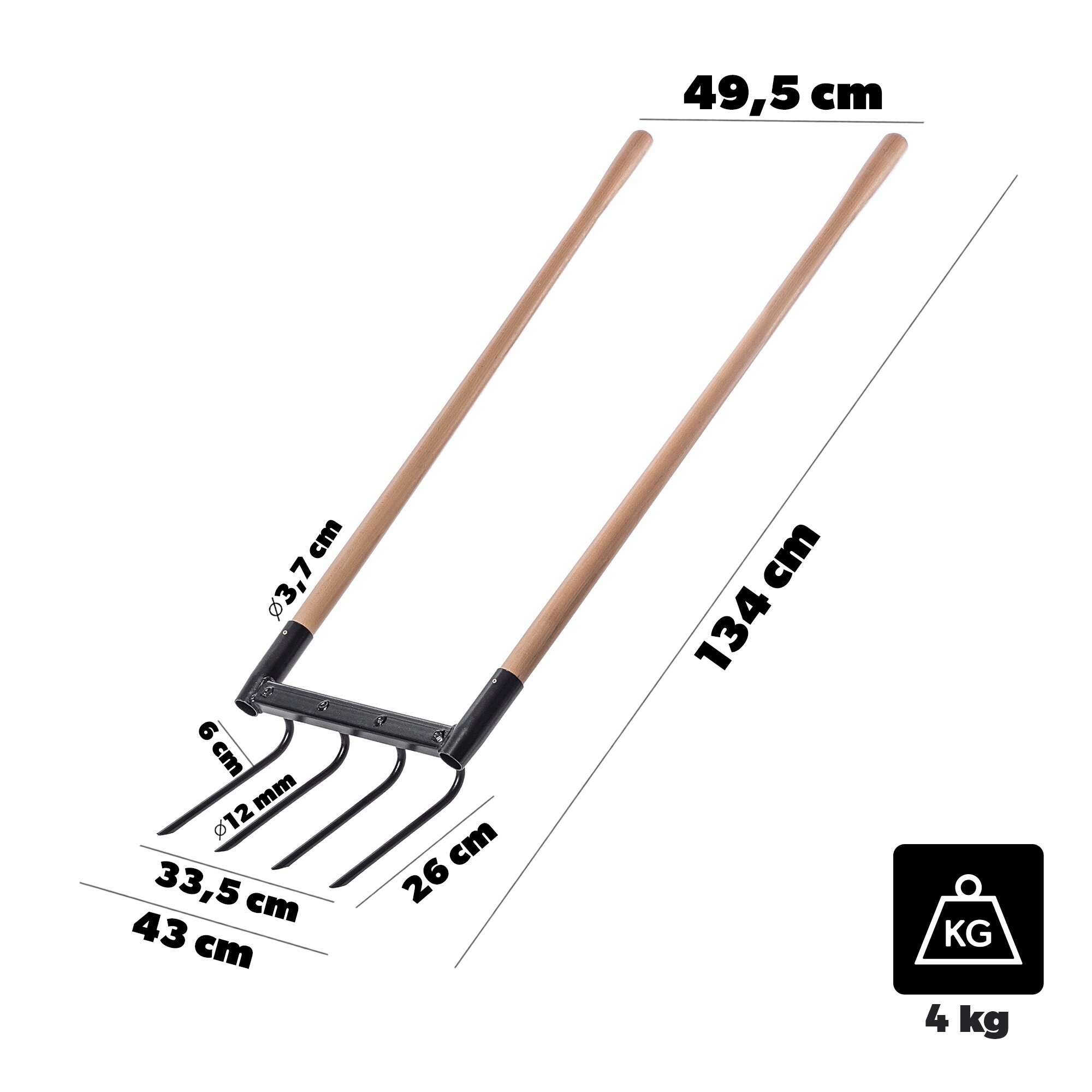 Obraz przedstawia ręczny kultywator ogrodniczy z dwoma drewnianymi uchwytami i metalowymi zębami. Widoczne są wymiary: 134 cm długości, 49,5 cm szerokości, oraz waga 4 kg.