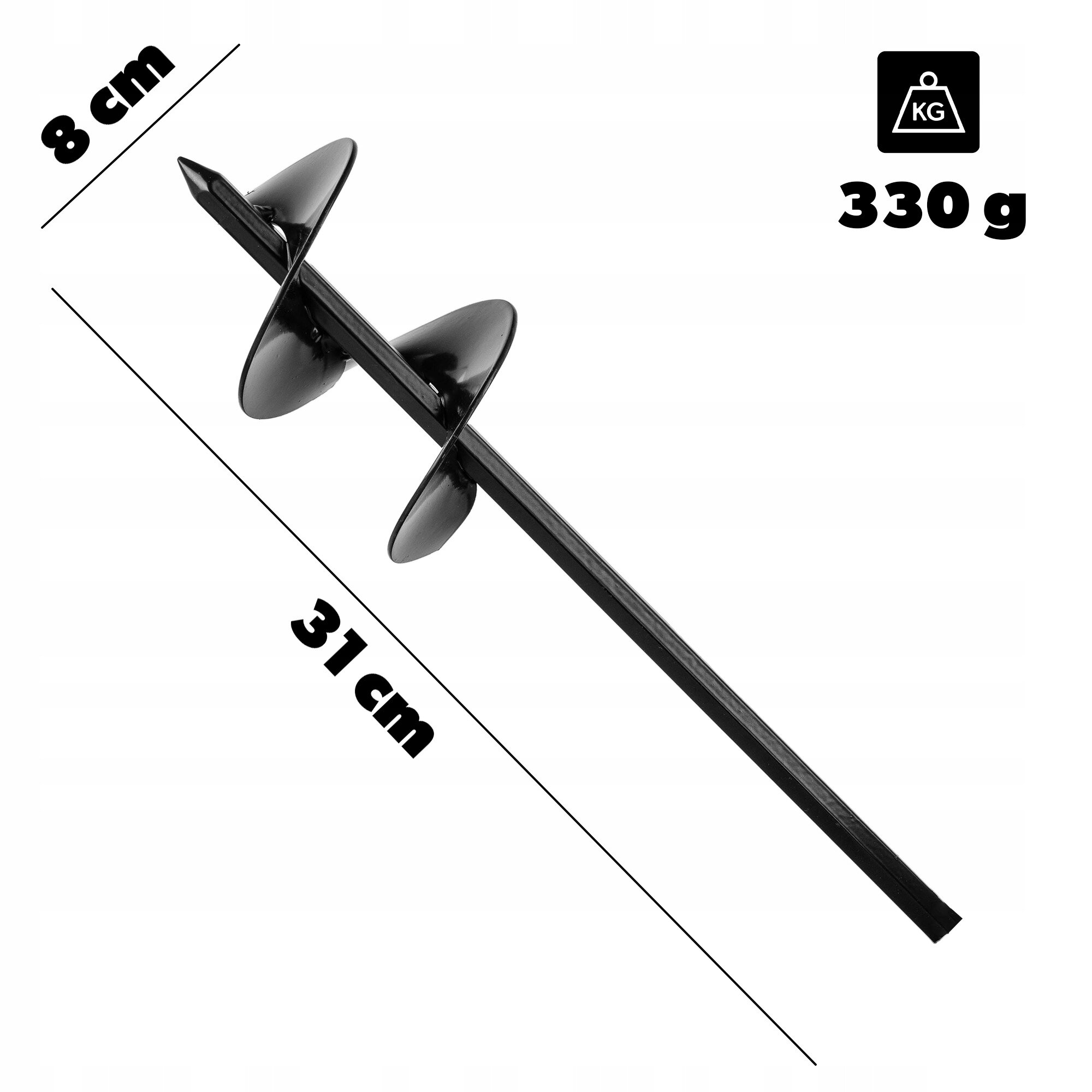 Obraz przedstawia czarny świder ogrodowy z dwoma spiralnymi ostrzami. Wymiary to 8 cm średnicy i 31 cm długości, a waga wynosi 330 g.