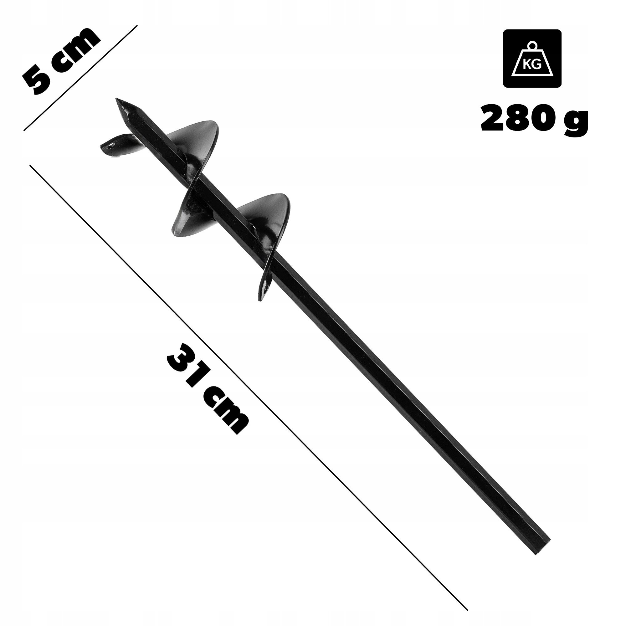 Obraz przedstawia czarny świder ogrodowy z wiertłem o długości 31 cm i średnicy 5 cm. W prawym górnym rogu widnieje ikona z napisem \'KG\' oraz tekst \'280 g\'.