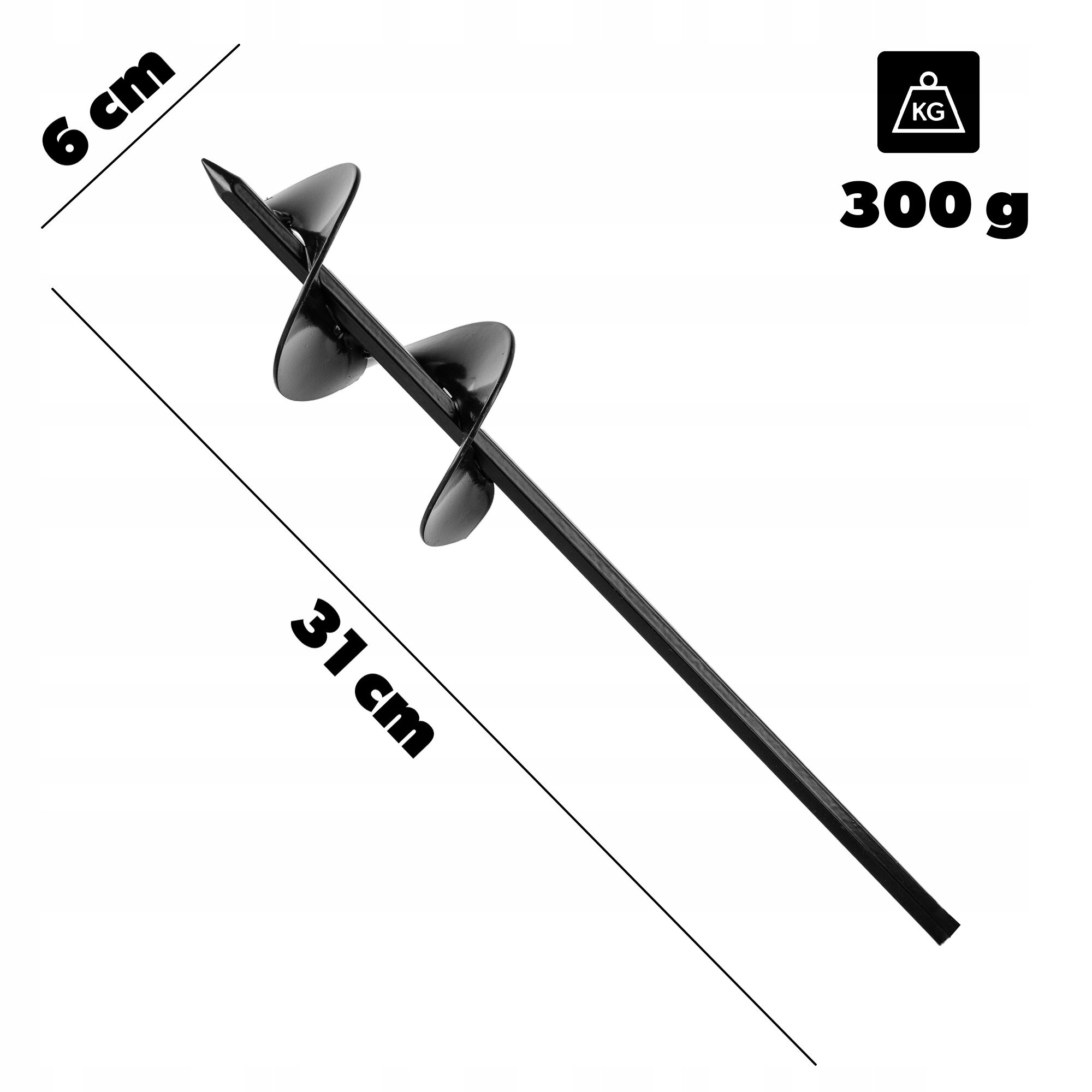 Na obrazie widoczny jest czarny świder ogrodowy z wiertłem o długości 31 cm i średnicy 6 cm. W prawym górnym rogu znajduje się ikona z napisem \'300 g\'.