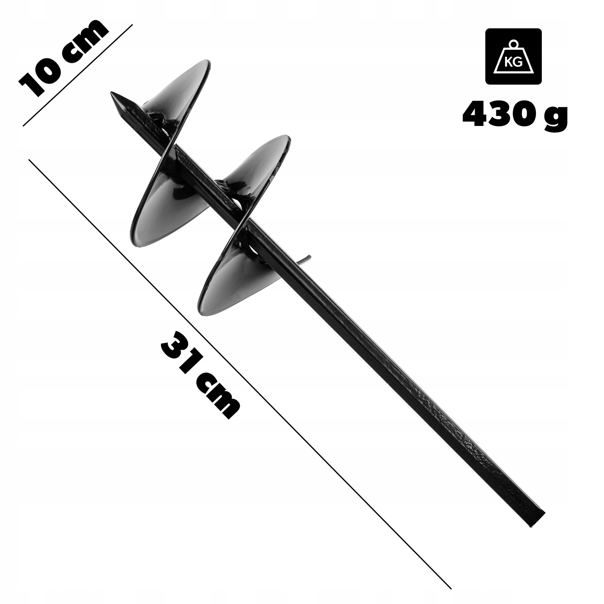 Obraz przedstawia czarny świder ogrodowy z dwoma spiralnymi ostrzami. Widoczne są wymiary: 10 cm szerokości i 31 cm długości oraz waga 430 g.
