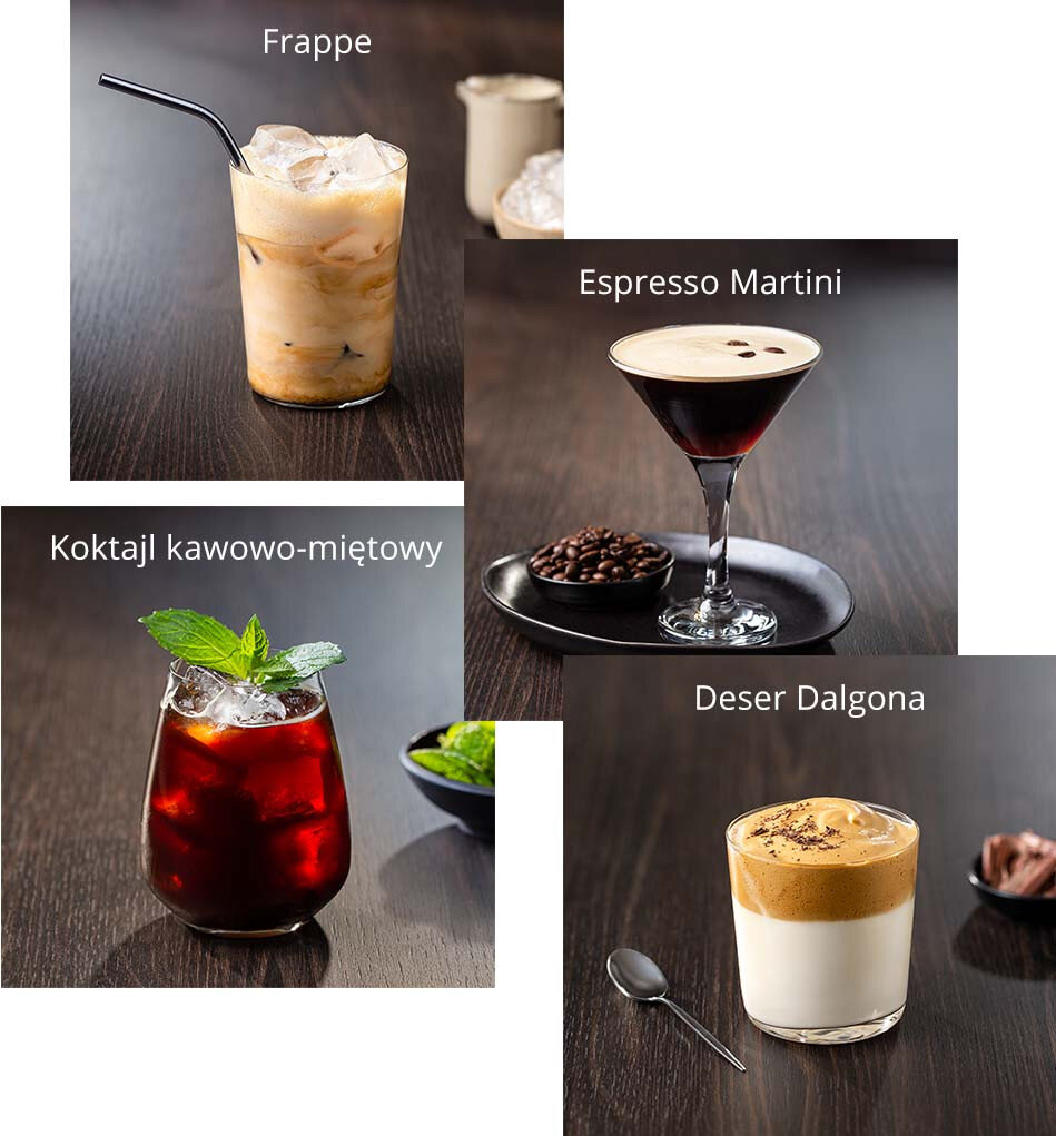 Na obrazie widoczne są cztery różne napoje: Frappe, Espresso Martini, Koktajl kawowo-miętowy i Deser Dalgona. Każdy z napojów jest w szklance lub kieliszku, a obok niektórych znajdują się dodatki, takie jak lód, mięta czy ziarna kawy.