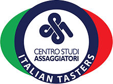 Logo z napisem \'CENTRO STUDI ASSAGGIATORI ITALIAN TASTERS\' na tle w kształcie elipsy w kolorach zielonym, niebieskim i czerwonym.