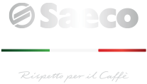 Logo Saeco z napisem \'Rispettare per il Caffè\' oraz paskiem w kolorach włoskiej flagi.