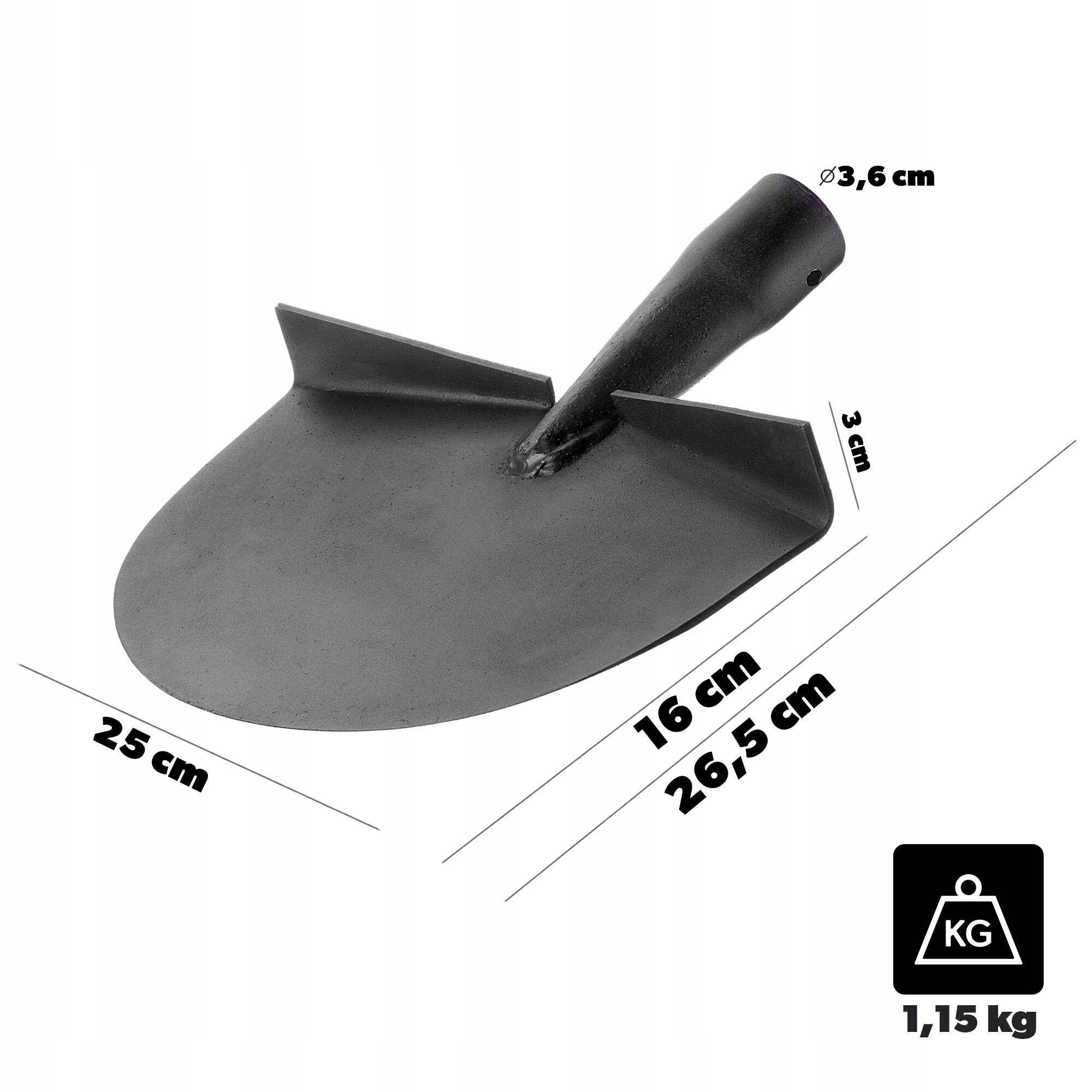 Metalowy ucinacz do darni z wymiarami: 25 cm, 16 cm, 26,5 cm, 3 cm, średnica 3,6 cm. Waga produktu wynosi 1,15 kg.