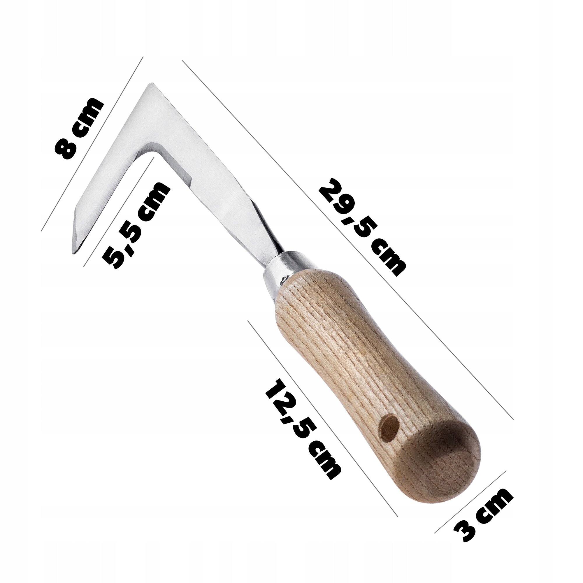 Na obrazie widoczny jest wyrywacz do chwastów z drewnianą rączką i metalowym ostrzem. Obok narzędzia znajdują się wymiary: 29,5 cm, 8 cm, 5,5 cm, 12,5 cm, 3 cm.